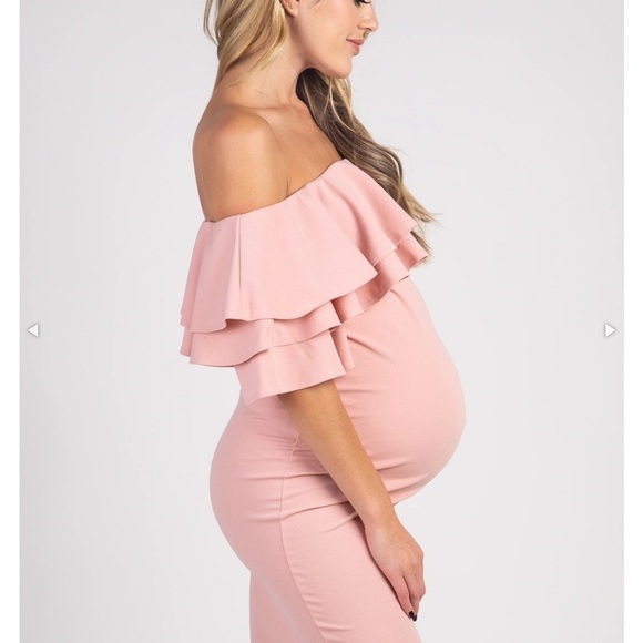 Pink blush mauve pink layered ruffle off shoulder fitted maternity dress Large - Picture 3 of 11